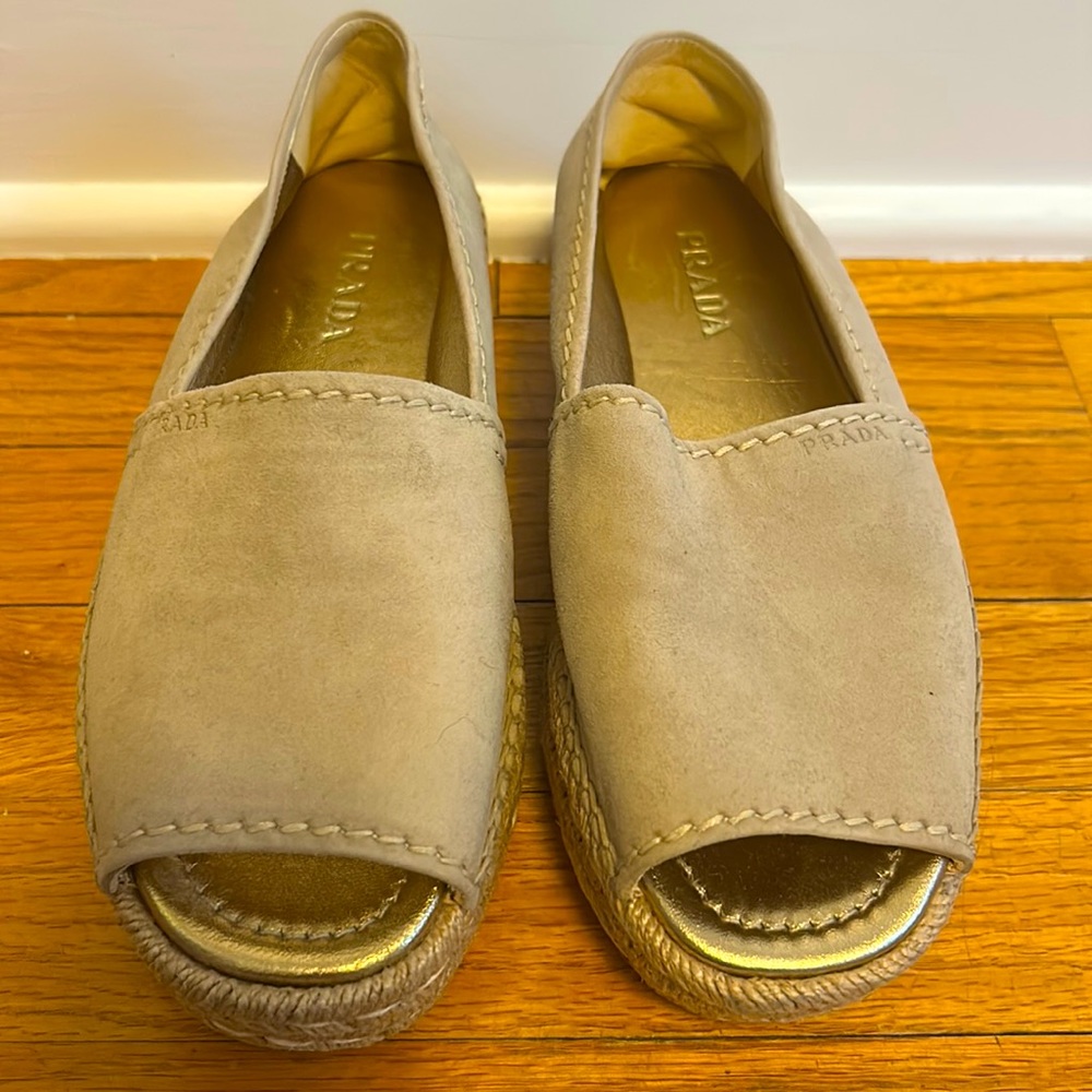 NWOT Prada suede peep toe platform espadrilles
